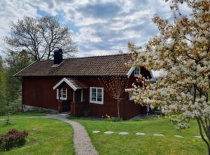 Rött trähus i en grönskande trädgård.